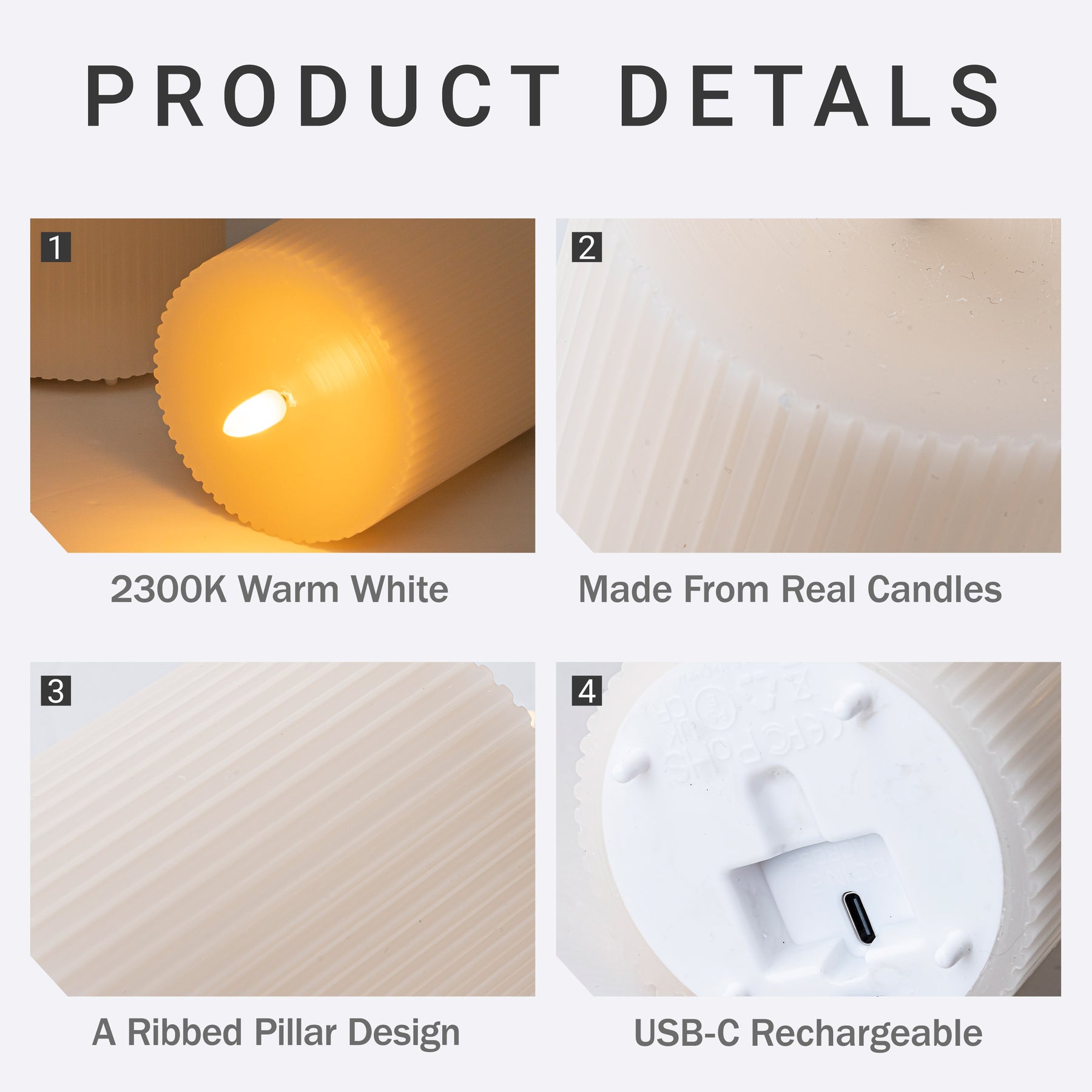 Set of 3 Real Wax White Candle USB-C Rechargeable Flameless LED Pillar Candle with Remote Control, Timer and Dimmable Flickering Light