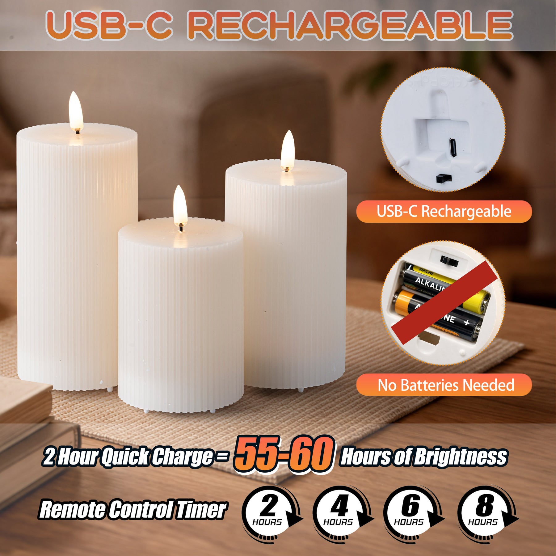 Set of 3 Real Wax White Candle USB-C Rechargeable Flameless LED Pillar Candle with Remote Control, Timer and Dimmable Flickering Light