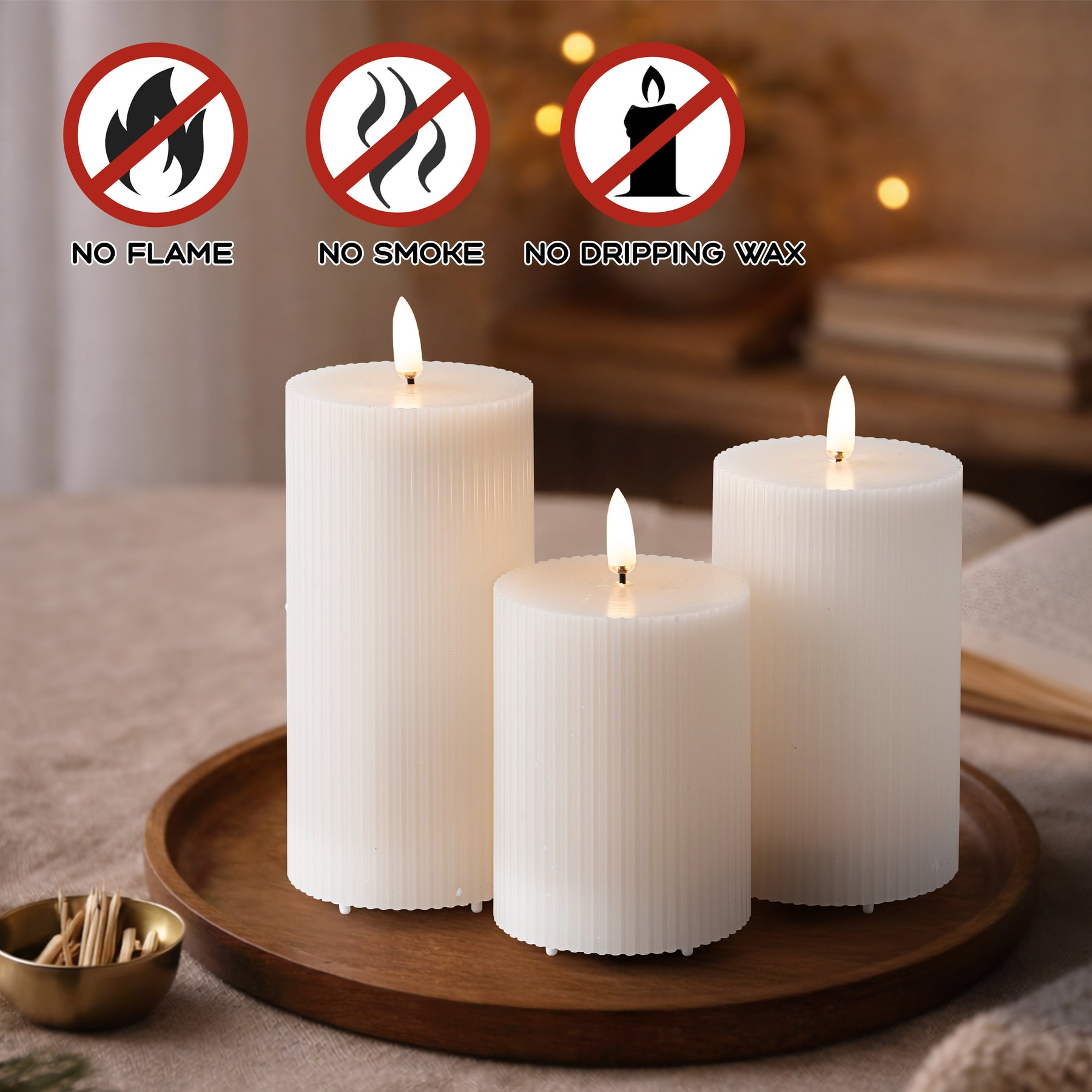 Set of 3 Real Wax White Candle USB-C Rechargeable Flameless LED Pillar Candle with Remote Control, Timer and Dimmable Flickering Light