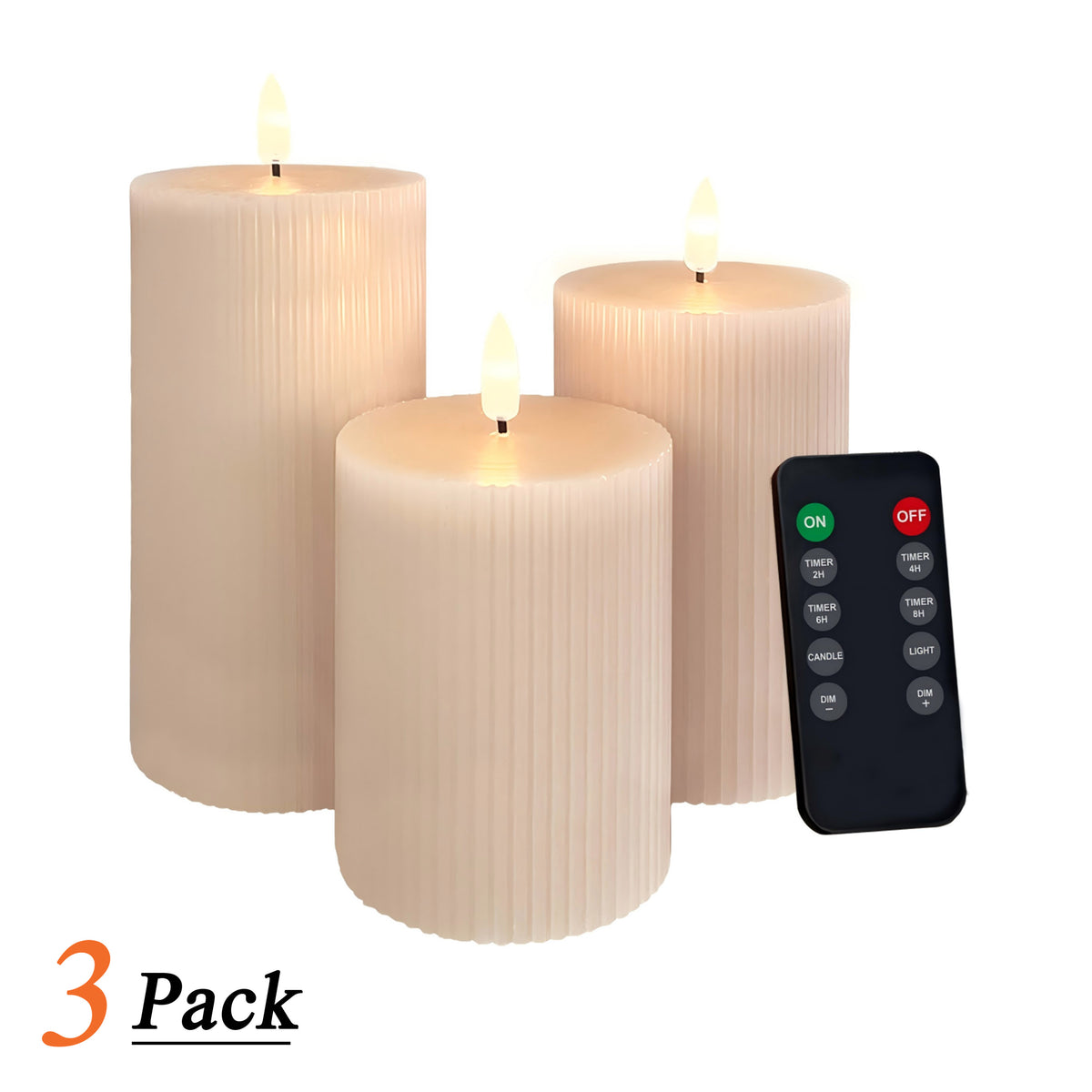 Set of 3 Real Wax White Candle USB-C Rechargeable Flameless LED Pillar Candle with Remote Control, Timer and Dimmable Flickering Light