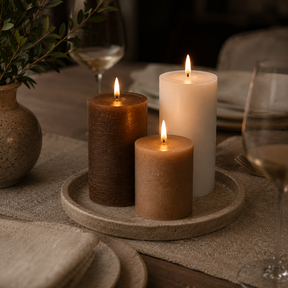 Set of 3 USB-C Rechargeable Flameless LED Pillar Candle Set with Real Wax Remote Control Timer and Dimmable Light in White Cream and Brown