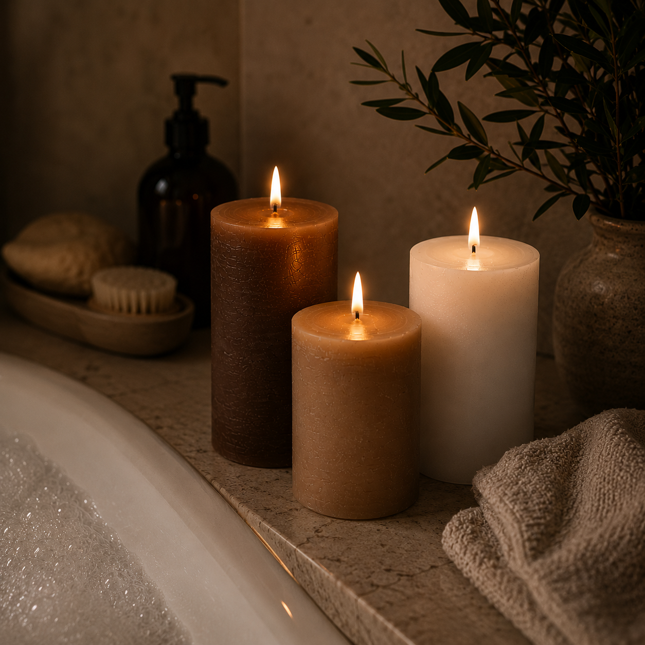Set of 3 USB-C Rechargeable Flameless LED Pillar Candle Set with Real Wax Remote Control Timer and Dimmable Light in White Cream and Brown