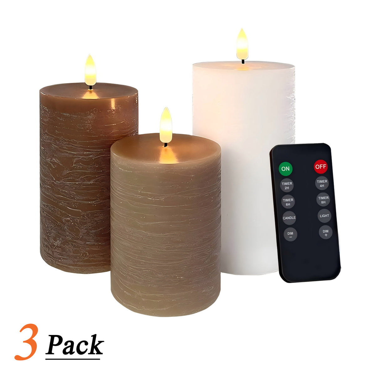 Set of 3 USB-C Rechargeable Flameless LED Pillar Candle Set with Real Wax Remote Control Timer and Dimmable Light in White Cream and Brown