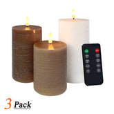 Set of 3 USB-C Rechargeable Flameless LED Pillar Candle Set with Real Wax Remote Control Timer and Dimmable Light in White Cream and Brown