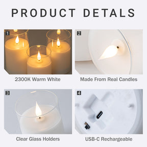 Set of 3 USB-C Rechargeable Flameless LED Glass Pillar Candle Set with Real Wax Remote Control Timer and Dimmable Light