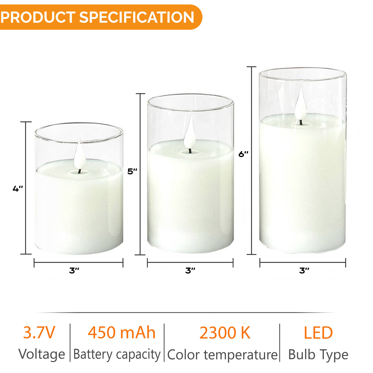 Set of 3 USB-C Rechargeable Flameless LED Glass Pillar Candle Set with Real Wax Remote Control Timer and Dimmable Light