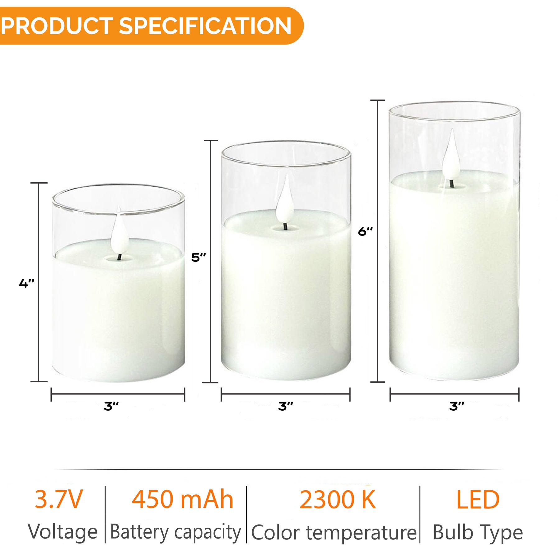 Set of 3 USB-C Rechargeable Flameless LED Glass Pillar Candle Set with Real Wax Remote Control Timer and Dimmable Light