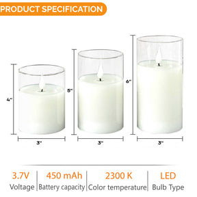 Set of 3 USB-C Rechargeable Flameless LED Glass Pillar Candle Set with Real Wax Remote Control Timer and Dimmable Light