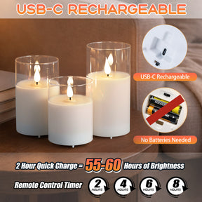 Set of 3 USB-C Rechargeable Flameless LED Glass Pillar Candle Set with Real Wax Remote Control Timer and Dimmable Light