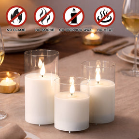Set of 3 USB-C Rechargeable Flameless LED Glass Pillar Candle Set with Real Wax Remote Control Timer and Dimmable Light