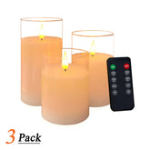 Set of 3 USB-C Rechargeable Flameless LED Glass Pillar Candle Set with Real Wax Remote Control Timer and Dimmable Light