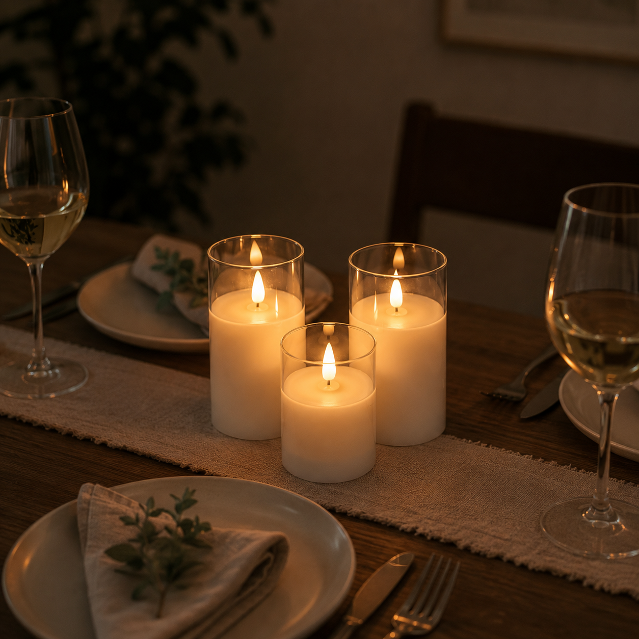 Set of 3 USB-C Rechargeable Flameless LED Glass Pillar Candle Set with Real Wax Remote Control Timer and Dimmable Light