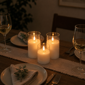 Set of 3 USB-C Rechargeable Flameless LED Glass Pillar Candle Set with Real Wax Remote Control Timer and Dimmable Light