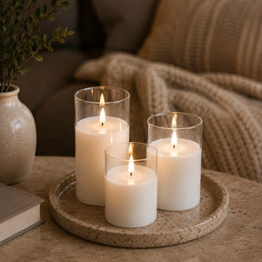 Set of 3 USB-C Rechargeable Flameless LED Glass Pillar Candle Set with Real Wax Remote Control Timer and Dimmable Light