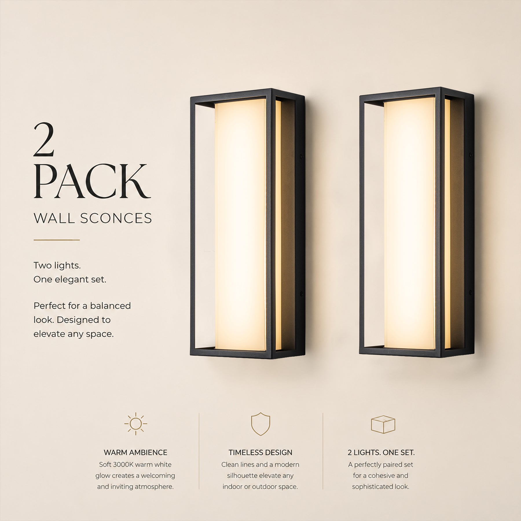 H15" Modern Outdoor Integrated LED Wall Sconce Set of 2 with Acid-Etched White Glass