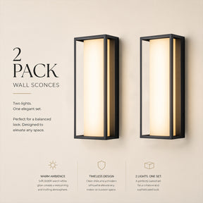 H15" Modern Outdoor Integrated LED Wall Sconce Set of 2 with Acid-Etched White Glass