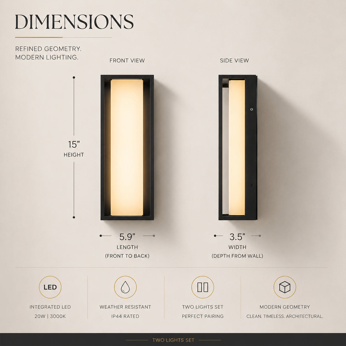 H15" Modern Outdoor Integrated LED Wall Sconce Set of 2 with Acid-Etched White Glass