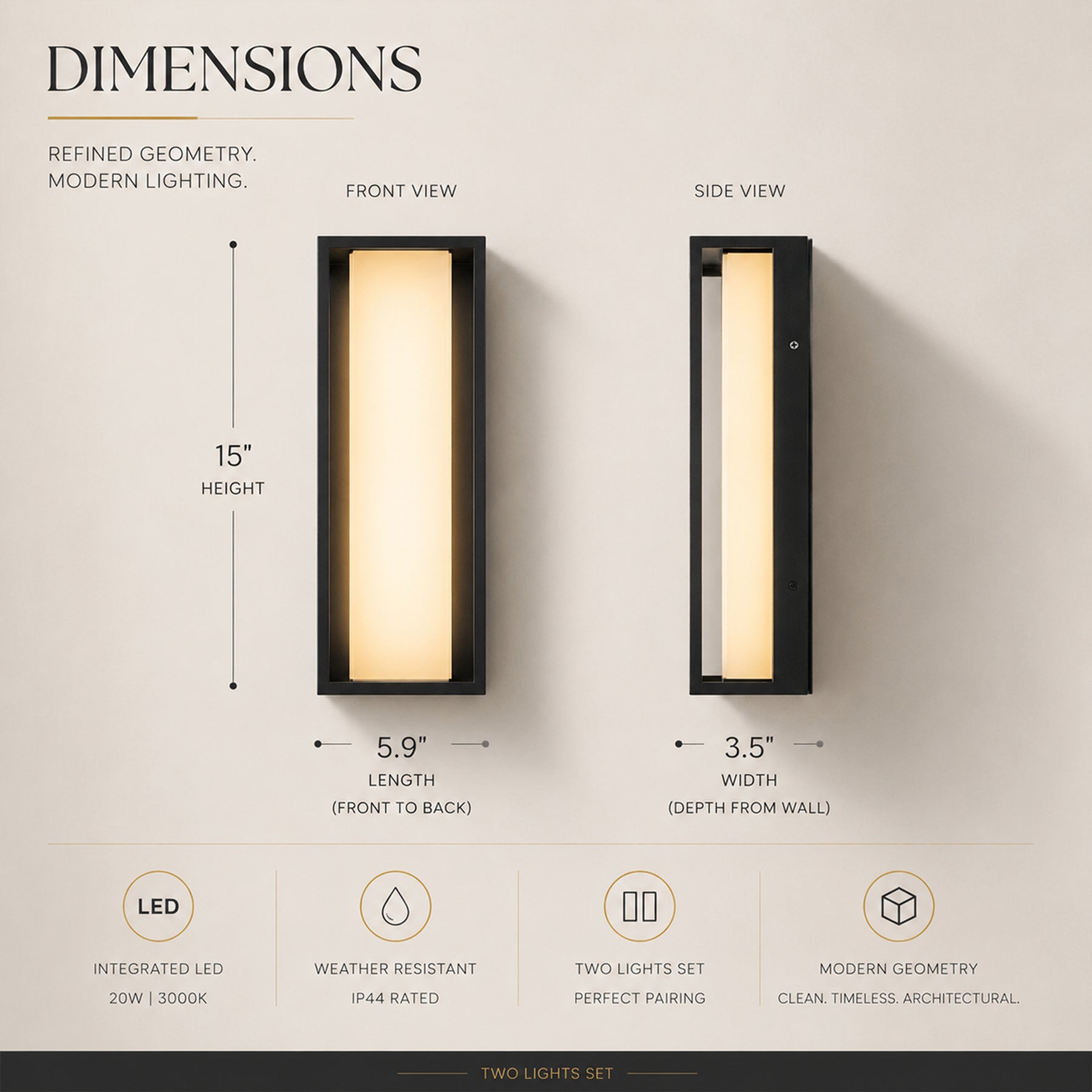 H15" Modern Outdoor Integrated LED Wall Sconce Set of 2 with Acid-Etched White Glass