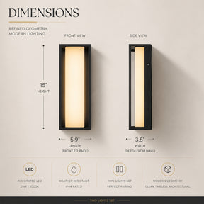 H15" Modern Outdoor Integrated LED Wall Sconce Set of 2 with Acid-Etched White Glass