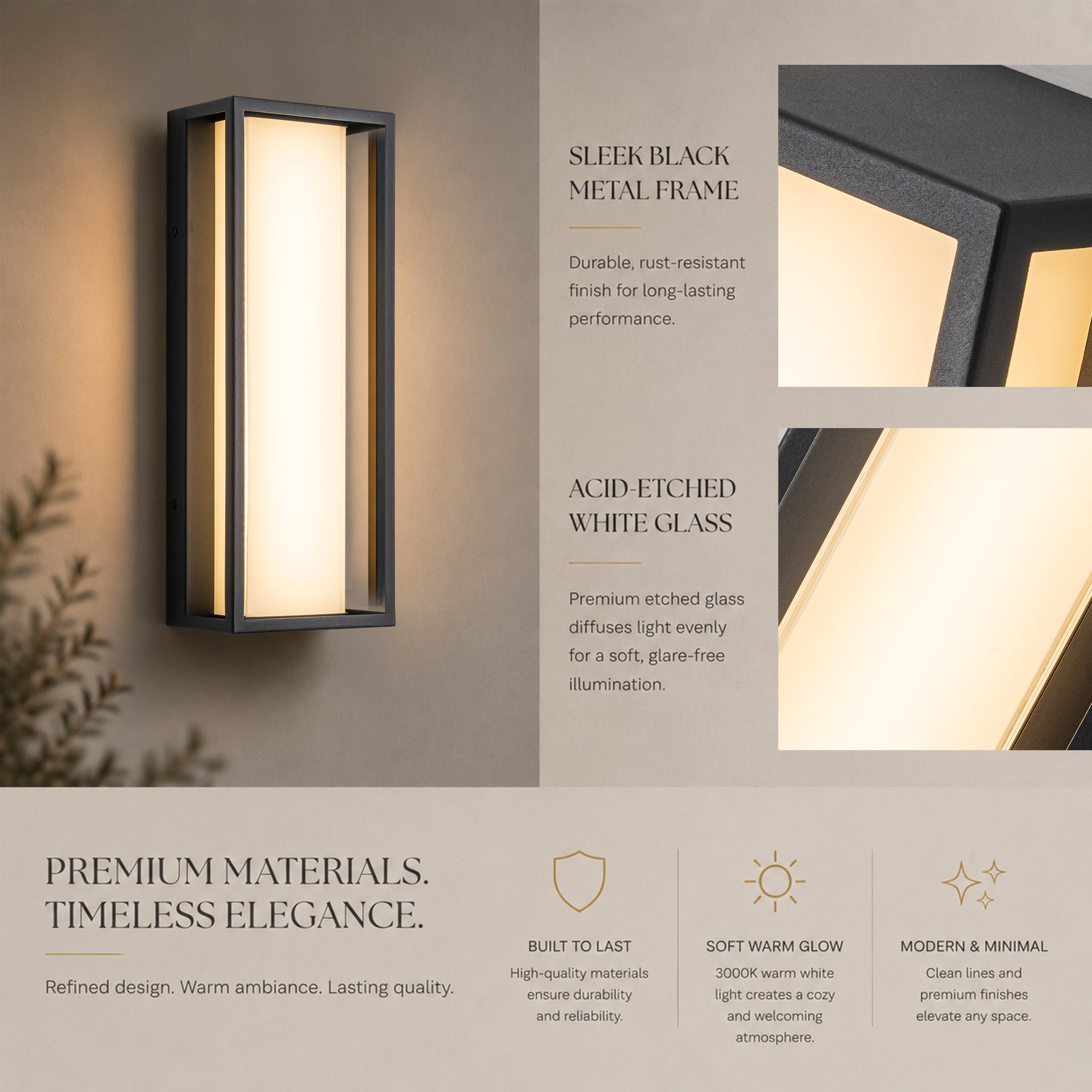 H15" Modern Outdoor Integrated LED Wall Sconce Set of 2 with Acid-Etched White Glass