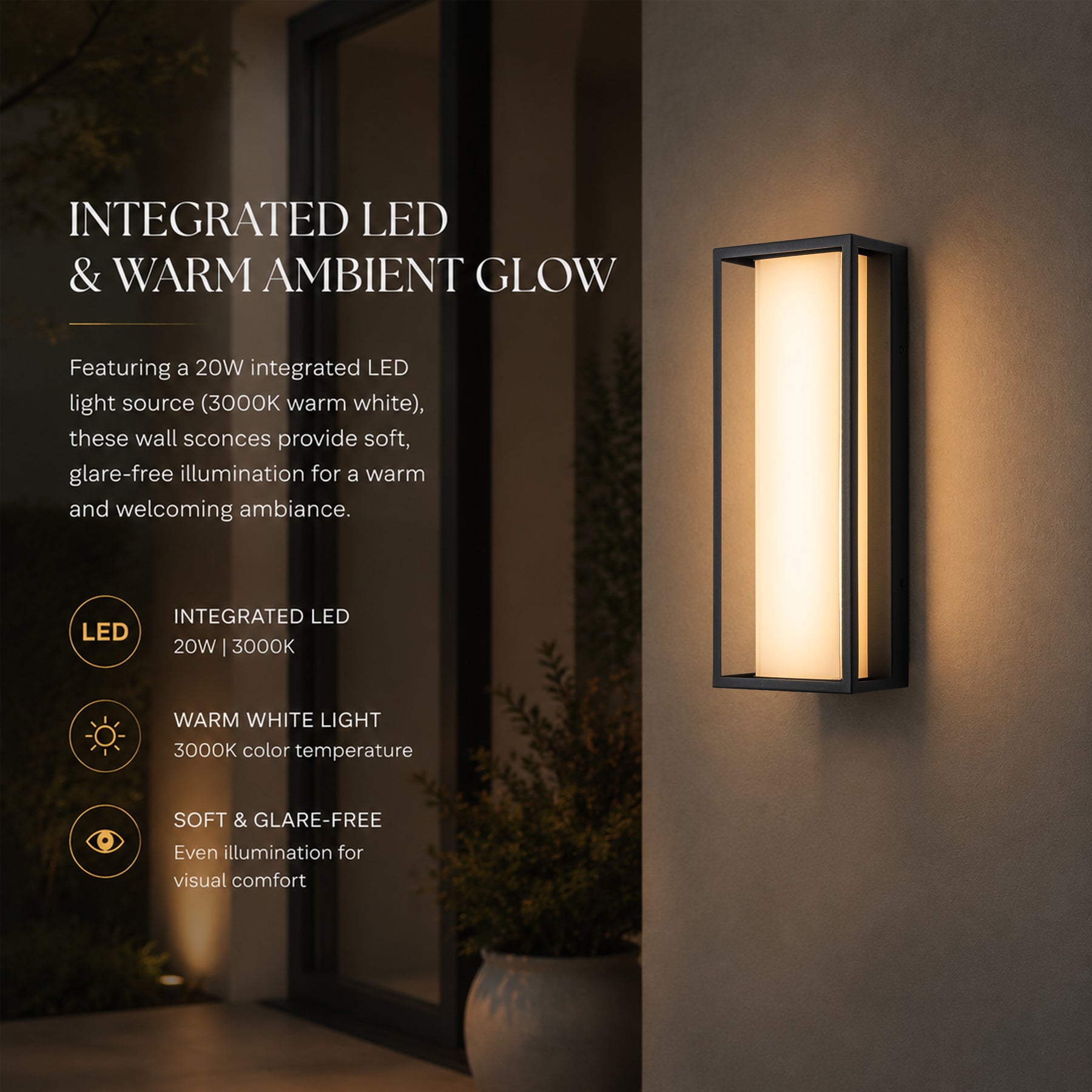 H15" Modern Outdoor Integrated LED Wall Sconce Set of 2 with Acid-Etched White Glass