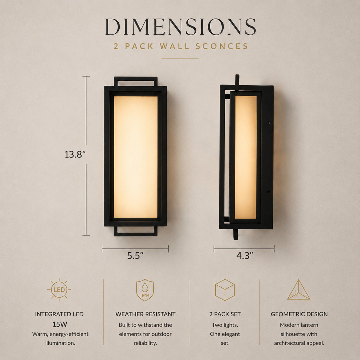 Architectural Outdoor Integrated LED Wall Sconce Set of 2 with Layered Frame and Acid-Etched White Glass
