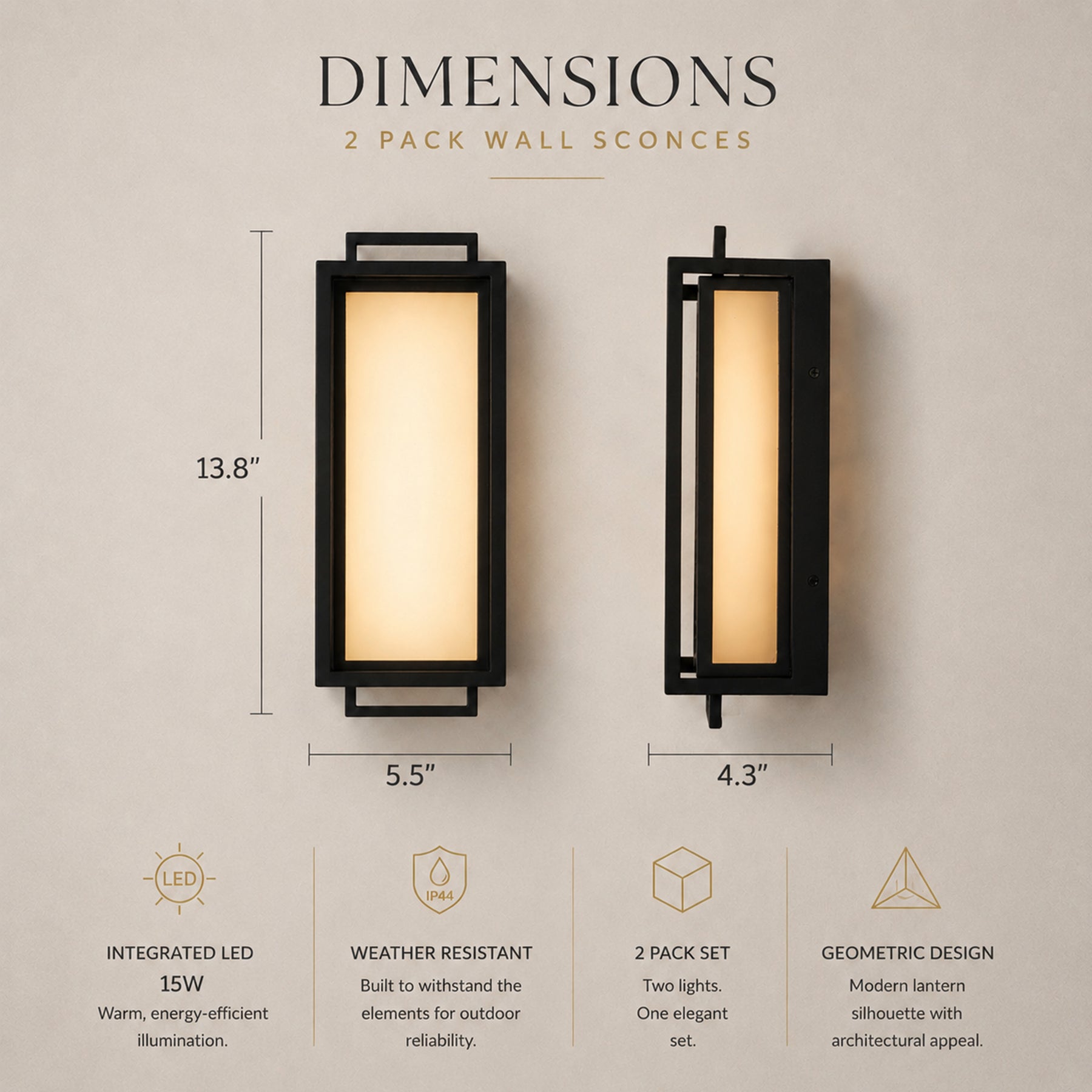Architectural Outdoor Integrated LED Wall Sconce Set of 2 with Layered Frame and Acid-Etched White Glass