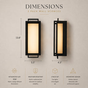 Architectural Outdoor Integrated LED Wall Sconce Set of 2 with Layered Frame and Acid-Etched White Glass