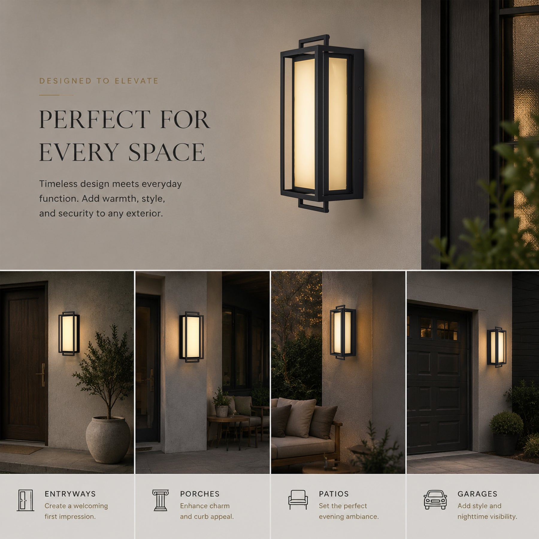 Architectural Outdoor Integrated LED Wall Sconce Set of 2 with Layered Frame and Acid-Etched White Glass
