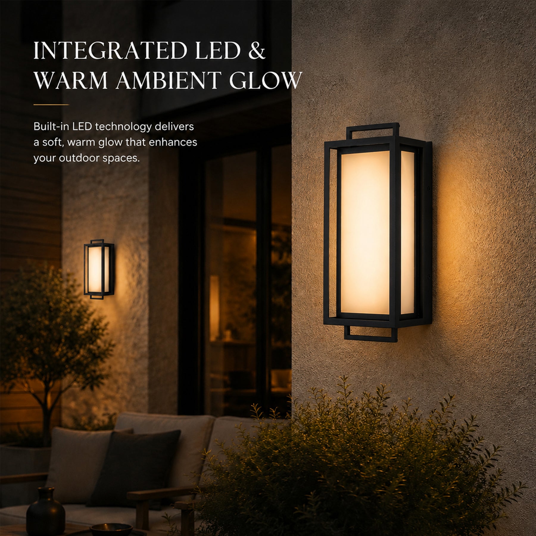 Architectural Outdoor Integrated LED Wall Sconce Set of 2 with Layered Frame and Acid-Etched White Glass