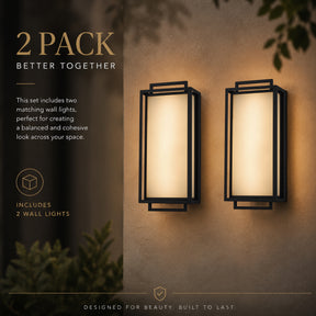 Large Architectural Outdoor Integrated LED Wall Sconce Set of 2 with Layered Frame and Acid-Etched White Glass