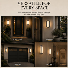 Large Architectural Outdoor Integrated LED Wall Sconce Set of 2 with Layered Frame and Acid-Etched White Glass