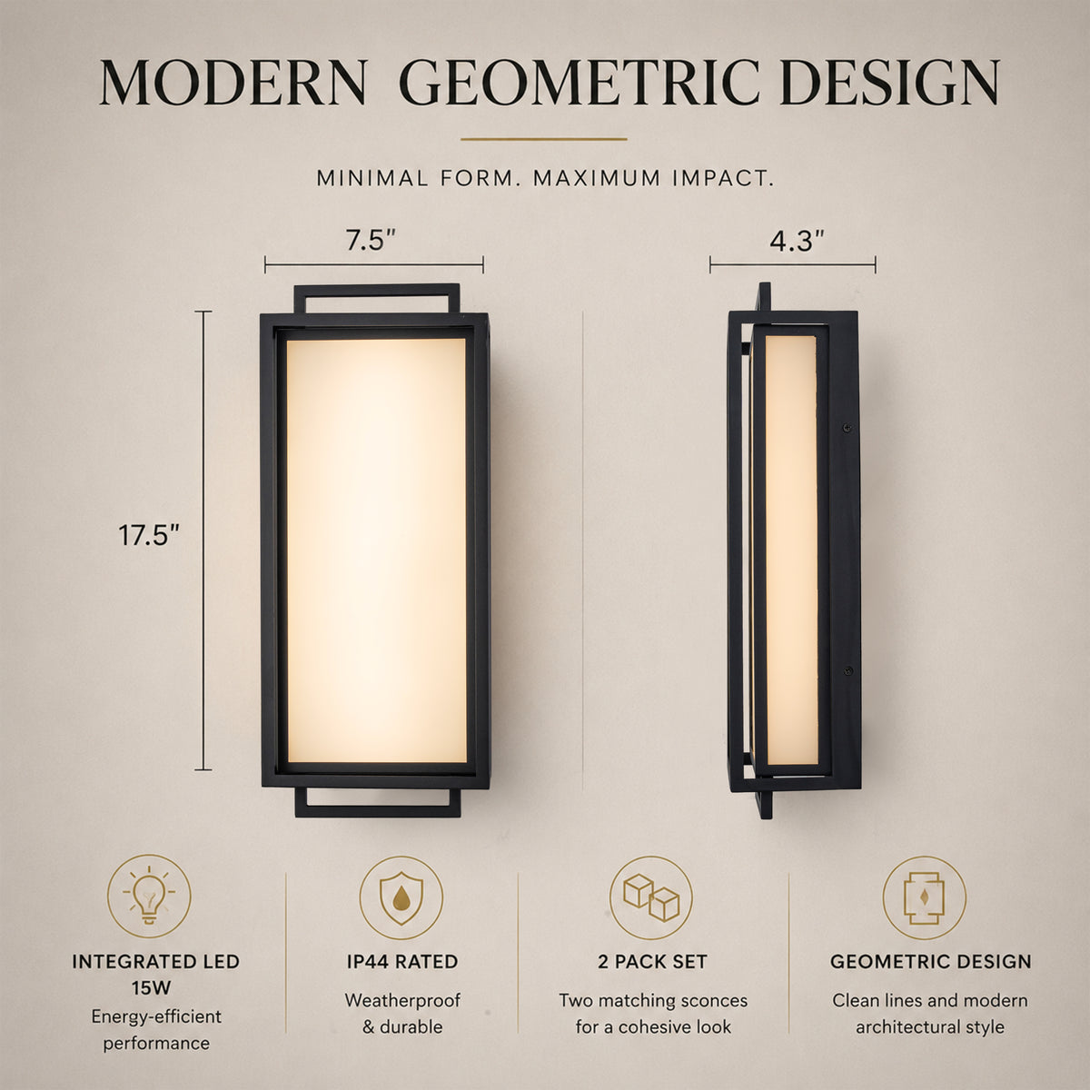 Large Architectural Outdoor Integrated LED Wall Sconce Set of 2 with Layered Frame and Acid-Etched White Glass