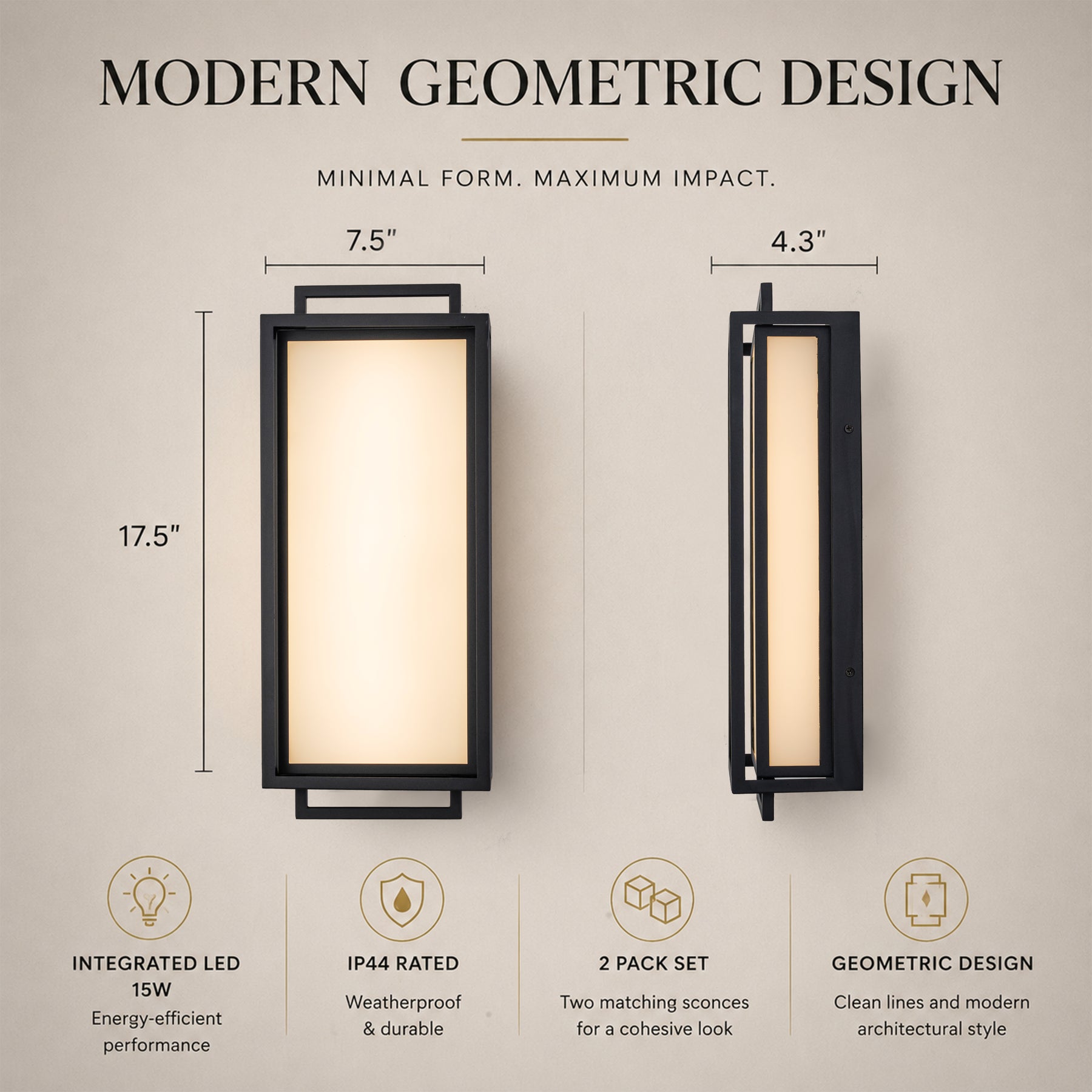 Large Architectural Outdoor Integrated LED Wall Sconce Set of 2 with Layered Frame and Acid-Etched White Glass