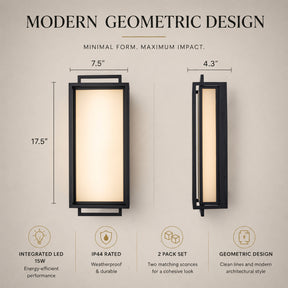 Large Architectural Outdoor Integrated LED Wall Sconce Set of 2 with Layered Frame and Acid-Etched White Glass