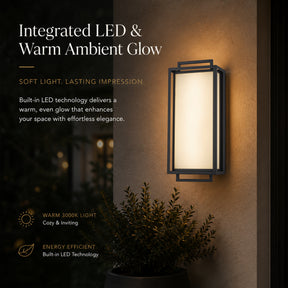 Large Architectural Outdoor Integrated LED Wall Sconce Set of 2 with Layered Frame and Acid-Etched White Glass
