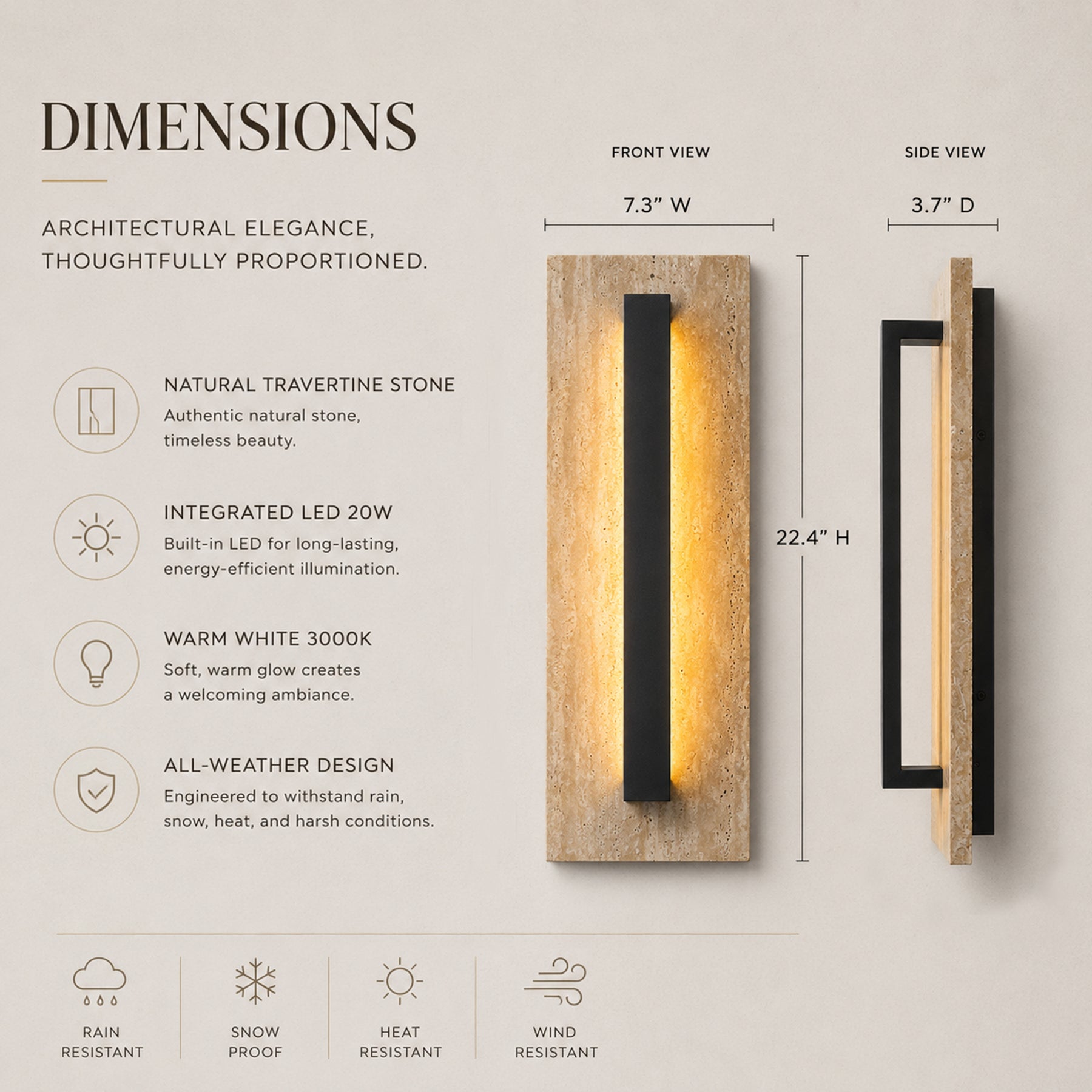 H22" Architectural Travertine Integrated LED Wall Sconce with Natural Stone Panel