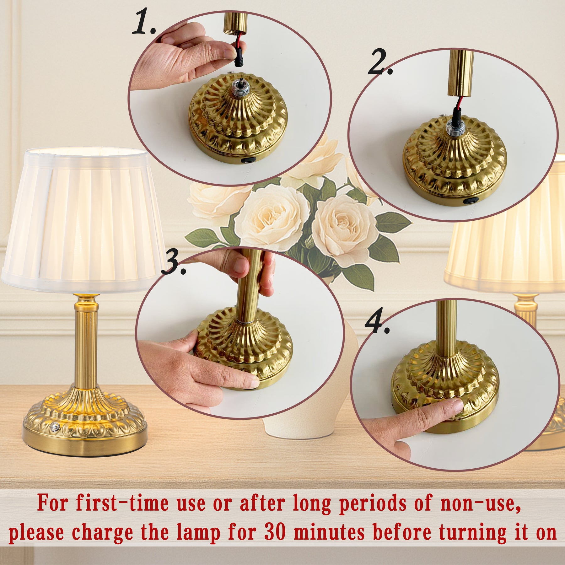 Glam Cordless Table Lamp Touch Control with 3 Way Classic Elegant Dimmable Rechargeable LED Nightstand Lamp with Fabric Shade