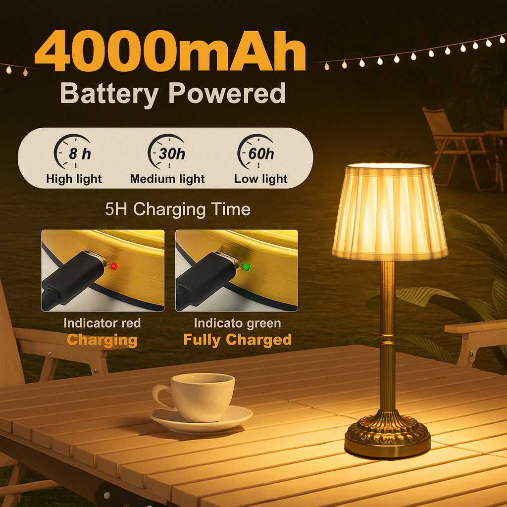 16'' Glam Cordless Table Lamp Touch Control with 3 Way Classic Elegant Dimmable Rechargeable LED Nightstand Lamp with Fabric Shade In Brass Finish