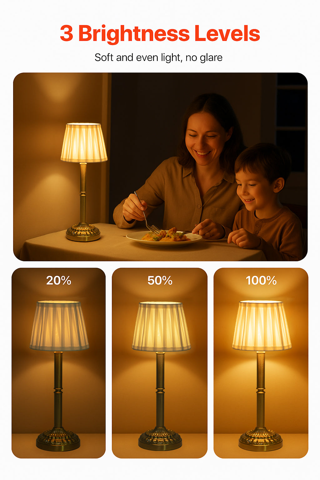 16'' Glam Cordless Table Lamp Touch Control with 3 Way Classic Elegant Dimmable Rechargeable LED Nightstand Lamp with Fabric Shade In Brass Finish