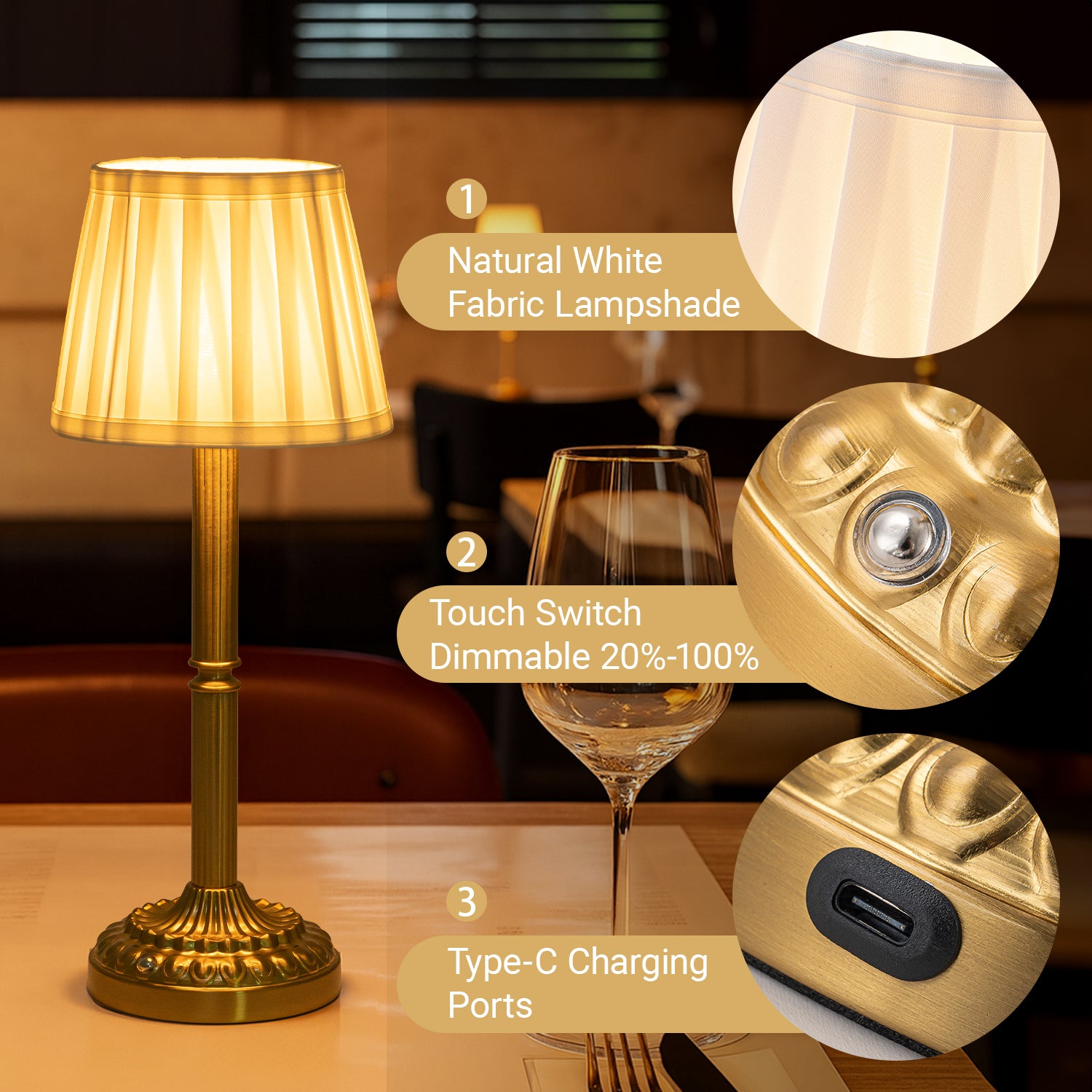 16'' Glam Cordless Table Lamp Touch Control with 3 Way Classic Elegant Dimmable Rechargeable LED Nightstand Lamp with Fabric Shade In Brass Finish