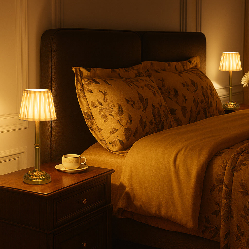 16'' Glam Cordless Table Lamp Touch Control with 3 Way Classic Elegant Dimmable Rechargeable LED Nightstand Lamp with Fabric Shade In Brass Finish