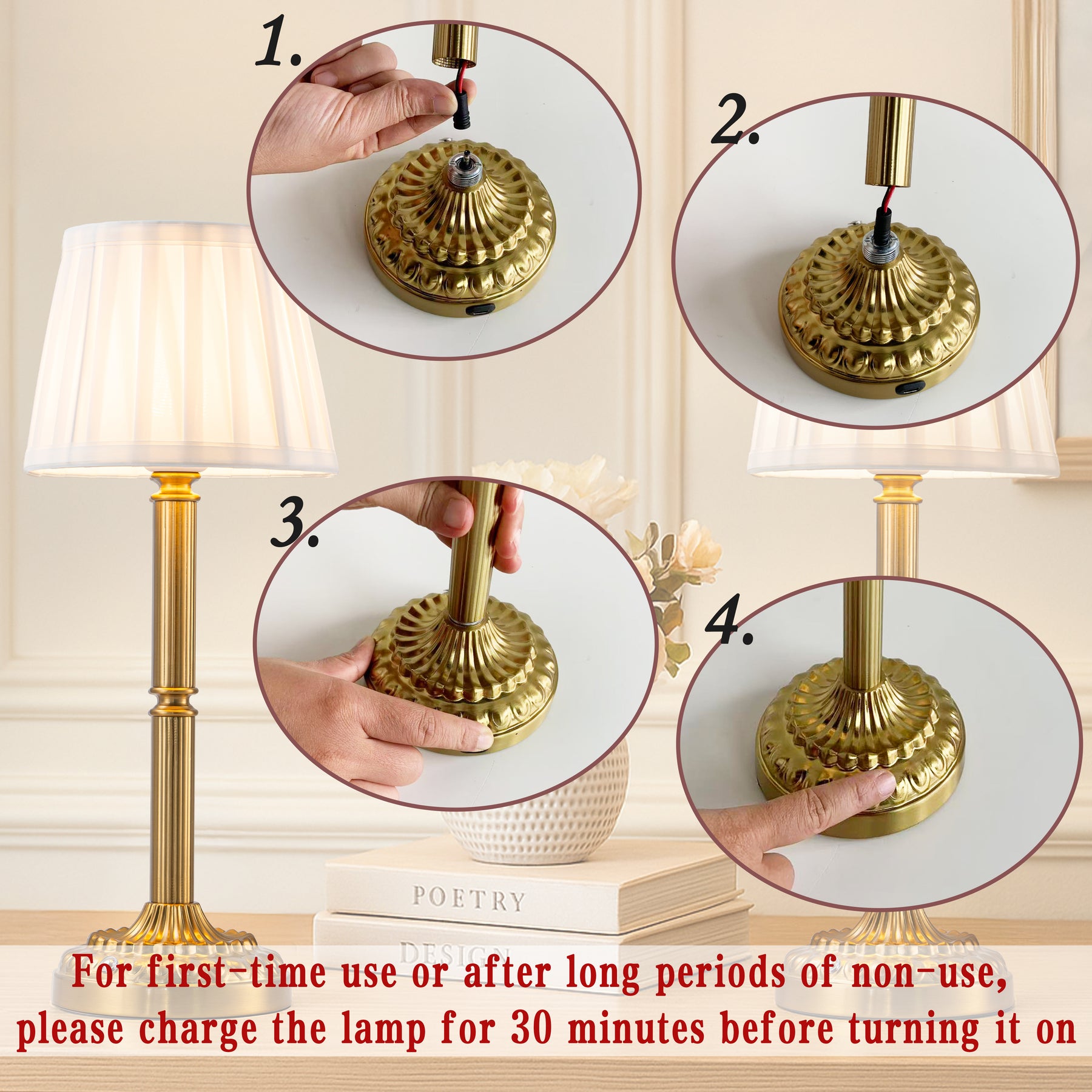 16'' Glam Cordless Table Lamp Touch Control with 3 Way Classic Elegant Dimmable Rechargeable LED Nightstand Lamp with Fabric Shade In Brass Finish
