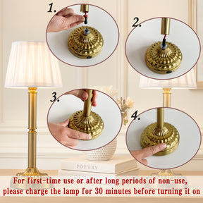 16'' Glam Cordless Table Lamp Touch Control with 3 Way Classic Elegant Dimmable Rechargeable LED Nightstand Lamp with Fabric Shade In Brass Finish
