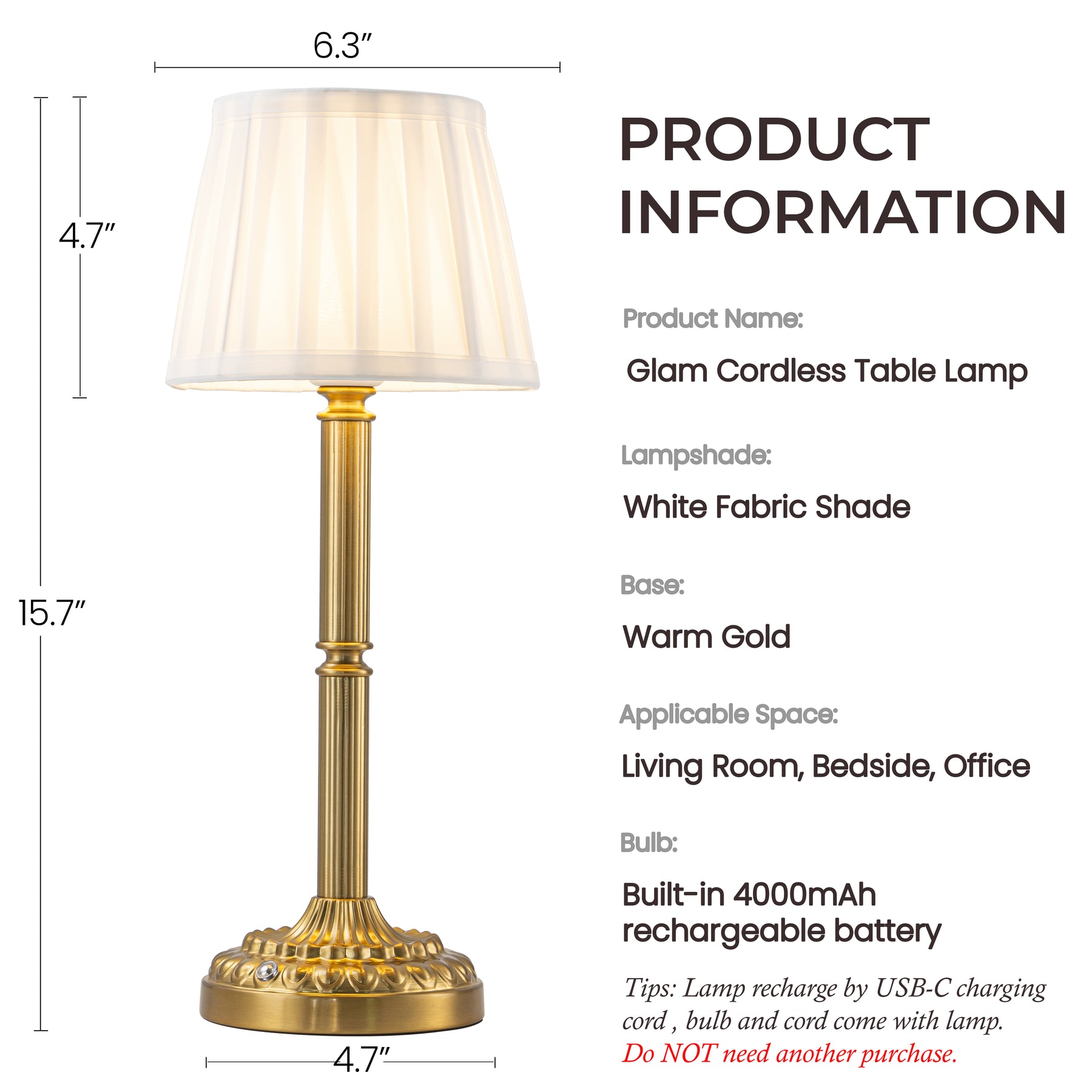 16'' Glam Cordless Table Lamp Touch Control with 3 Way Classic Elegant Dimmable Rechargeable LED Nightstand Lamp with Fabric Shade In Brass Finish