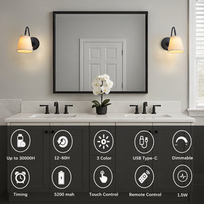 1-Light W5" Mid-century Matte Black Battery Operated Wall Sconces with Beige Fabric Shade Dimmable Integrated LED Rechargeable Cordless Swing Head Wall Lamp