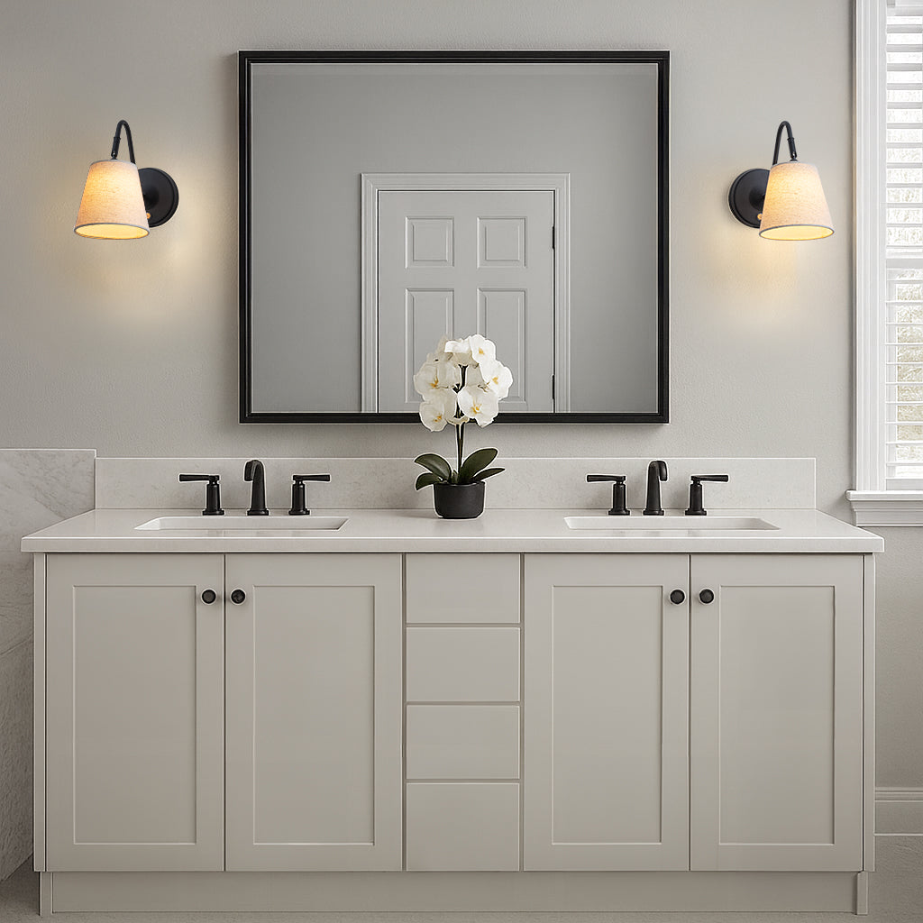 1-Light W5" Mid-century Matte Black Battery Operated Wall Sconces with Beige Fabric Shade Dimmable Integrated LED Rechargeable Cordless Swing Head Wall Lamp