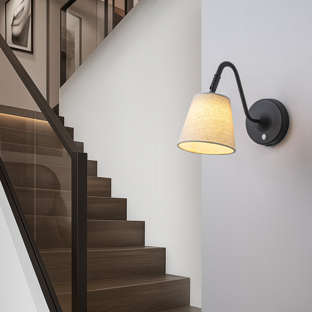 1-Light W5" Mid-century Matte Black Battery Operated Wall Sconces with Beige Fabric Shade Dimmable Integrated LED Rechargeable Cordless Swing Head Wall Lamp