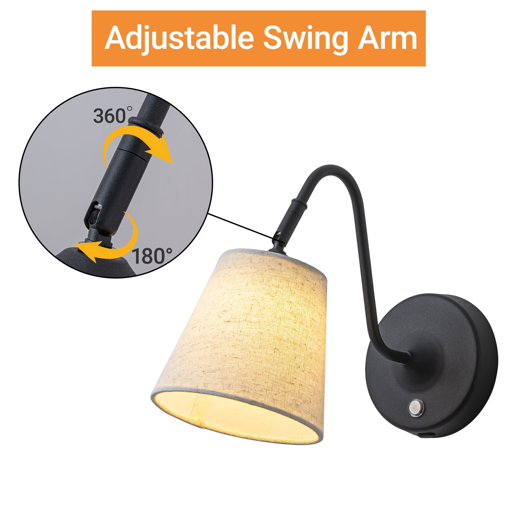 1-Light W5" Mid-century Matte Black Battery Operated Wall Sconces with Beige Fabric Shade Dimmable Integrated LED Rechargeable Cordless Swing Head Wall Lamp