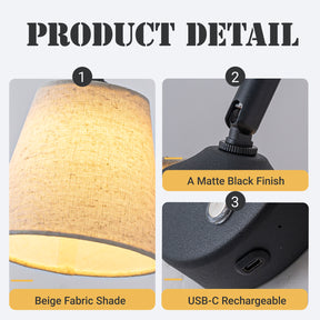 1-Light W5" Mid-century Matte Black Battery Operated Wall Sconces with Beige Fabric Shade Dimmable Integrated LED Rechargeable Cordless Swing Head Wall Lamp